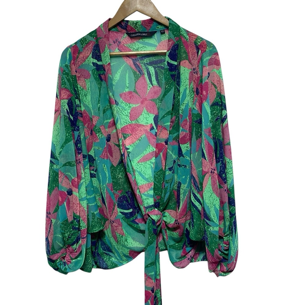 Colleen Lopez Blouse Womens S Colorful Tropical Sheer Tie Front Cover Up Beachy
